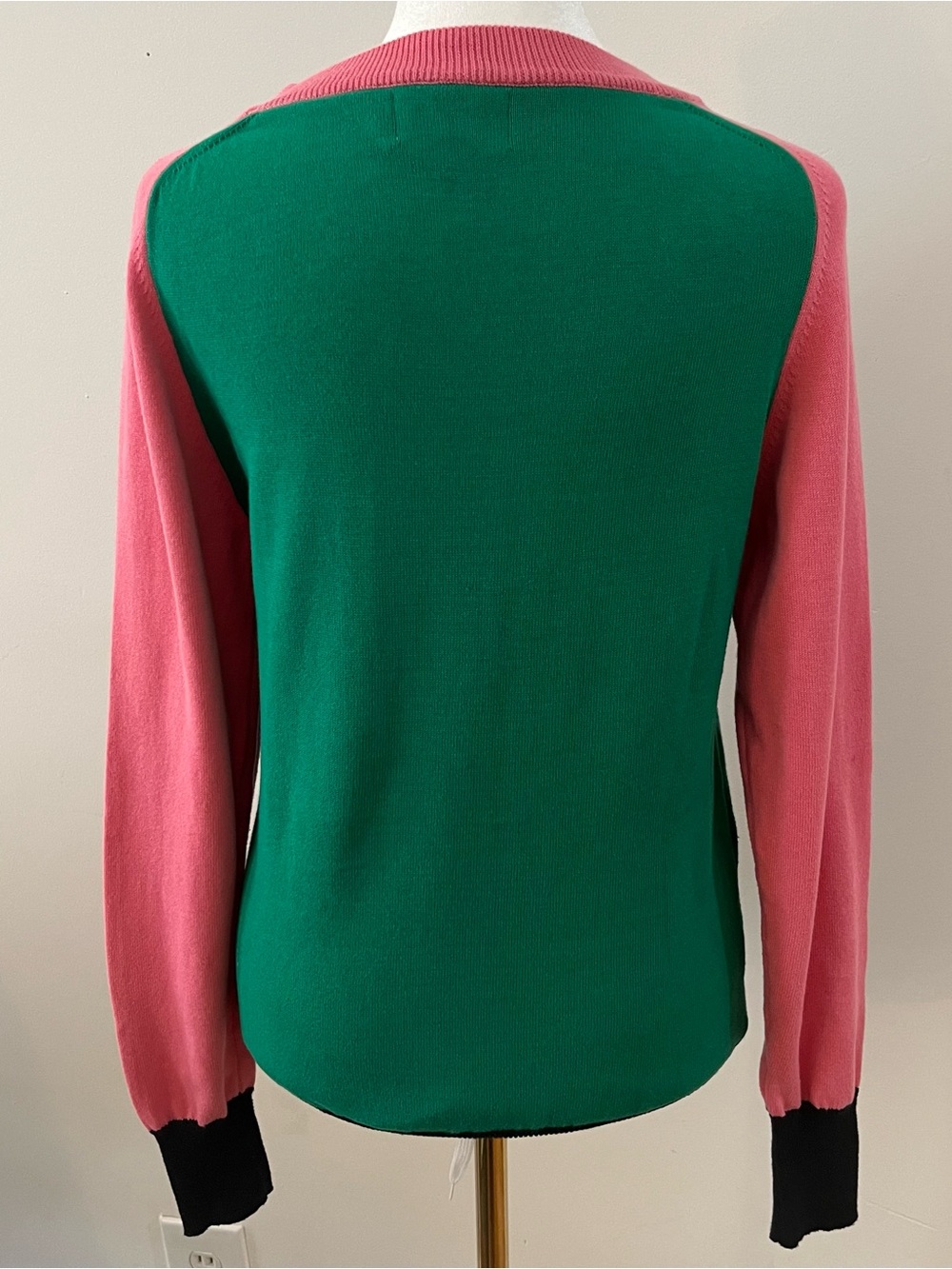Pink Leopard Knit Sweater Green Colorblock Cotton Cottagecore Maximalist - Picture 3 of 7
